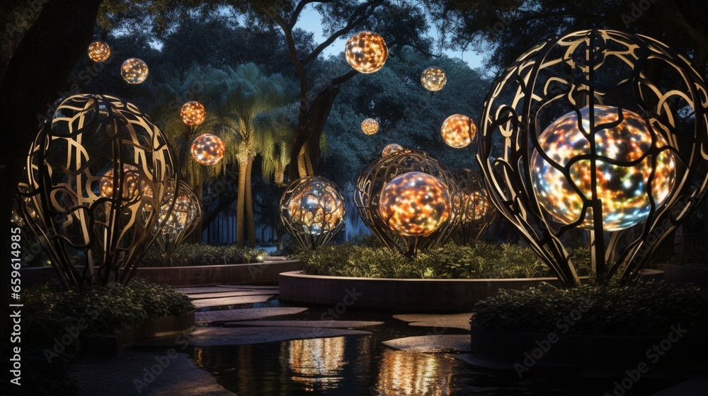 Immerse yourself in art in an opulent outdoor sculpture garden, with pieces that light up the night.