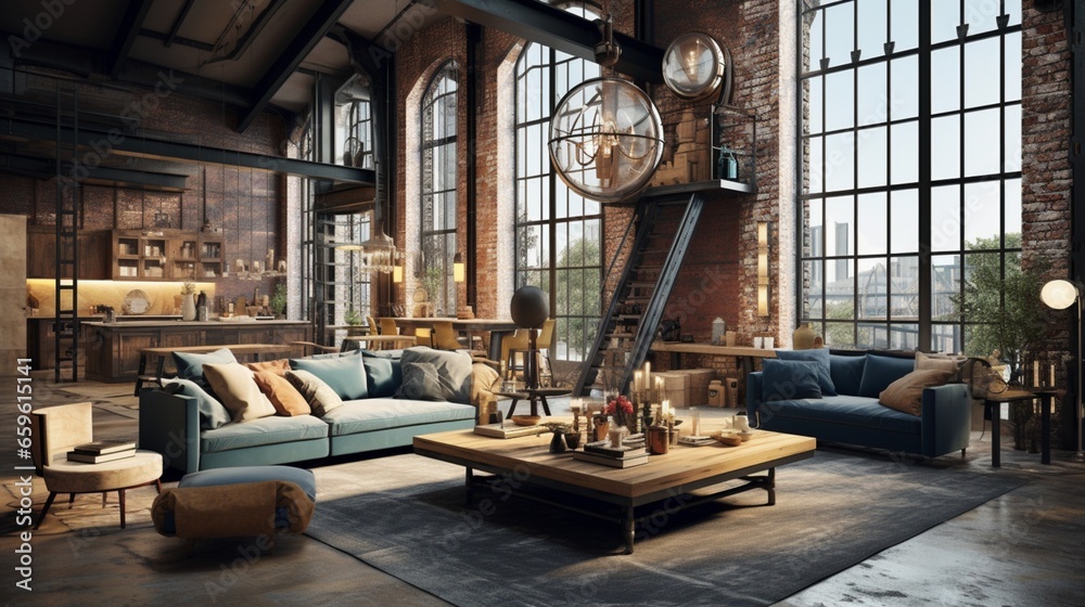 Immerse yourself in the fusion of vintage and industrial elements in a loft living area, a unique blend of styles.