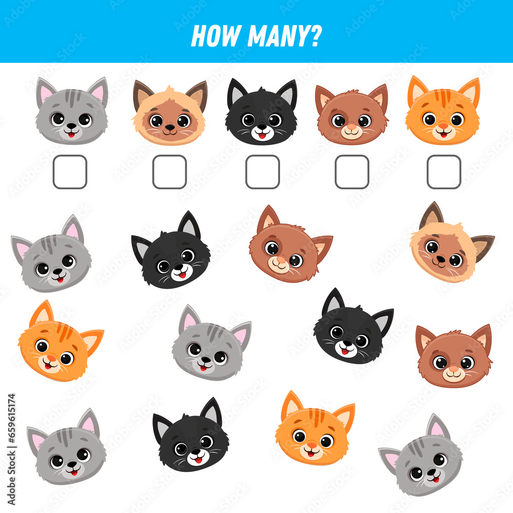 How many cartoon cats faces are there. Count the number of kitten. Math worksheet for kids. 