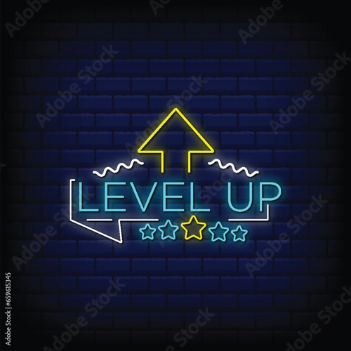 Premium Vector level up neon signs style text vector. level up glow button