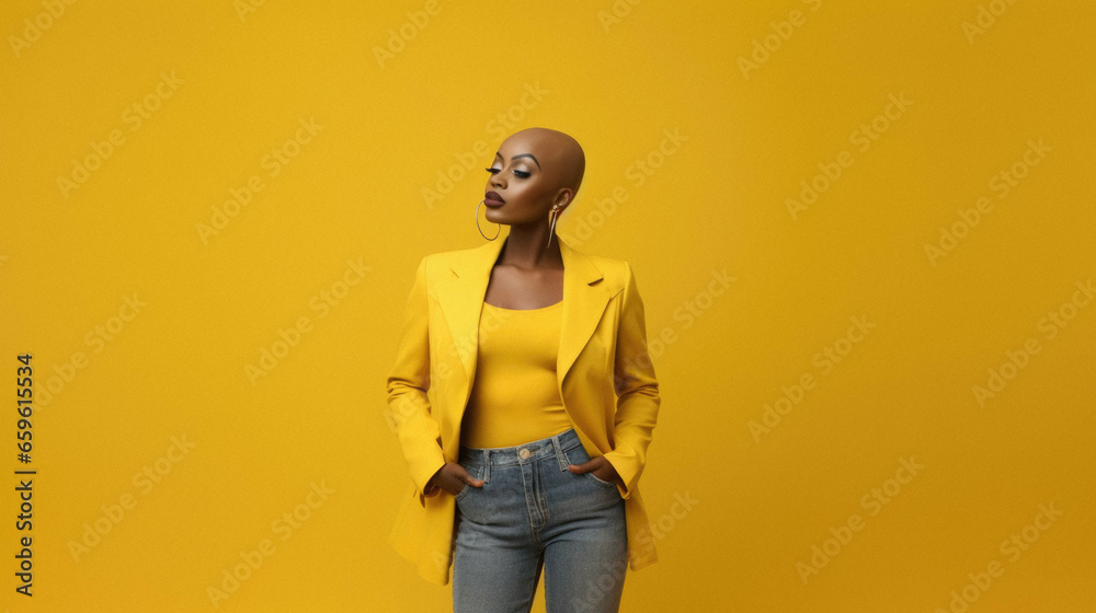 African - american woman with stylish bald hairstyle in yellow jacket on yellow background. African - american woman with stylish bald hairstyle in yellow jacket on yellow background.