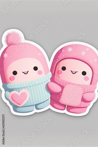 two stickers of two people wearing winter clothing and a heart on the side of them. Generative ai