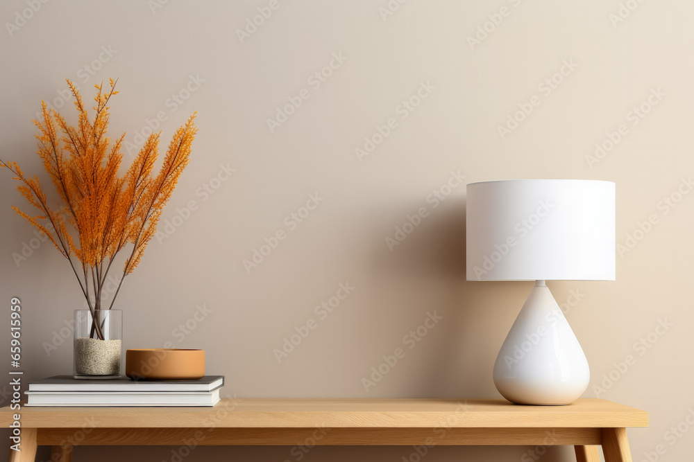 Scandinavian design table lamp on minimalist desk background with empty space for text 