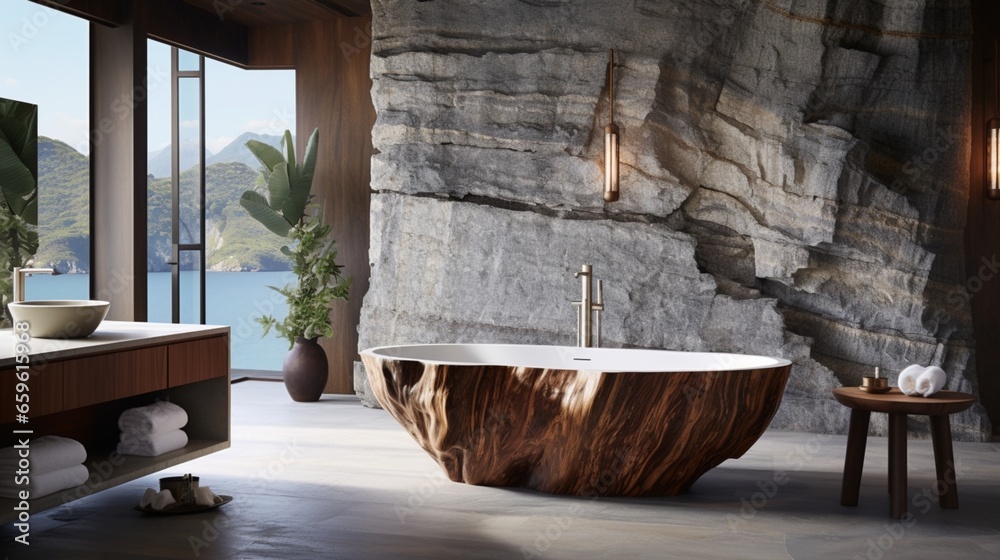 Indulge in a spa-inspired bathroom featuring a freestanding tub and natural materials.