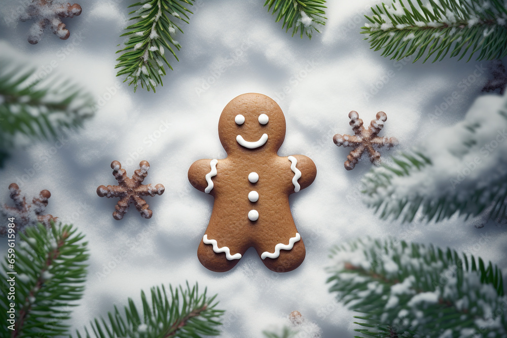Top view of a gingerbread man lying on a snowy surface surrounded by Christmas tree branches. Top view of a gingerbread man lying on a snowy surface surrounded by Christmas tree branches.