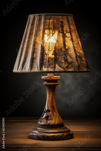 Rustic wooden table lamp radiating ambient light isolated on a gradient background 