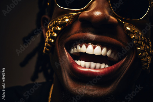 African american rapper laughs, close-up view. American gangster with gold jewelry accessories. Black extravagant rapper from ghetto. Swag gangster face portrait, generated by AI