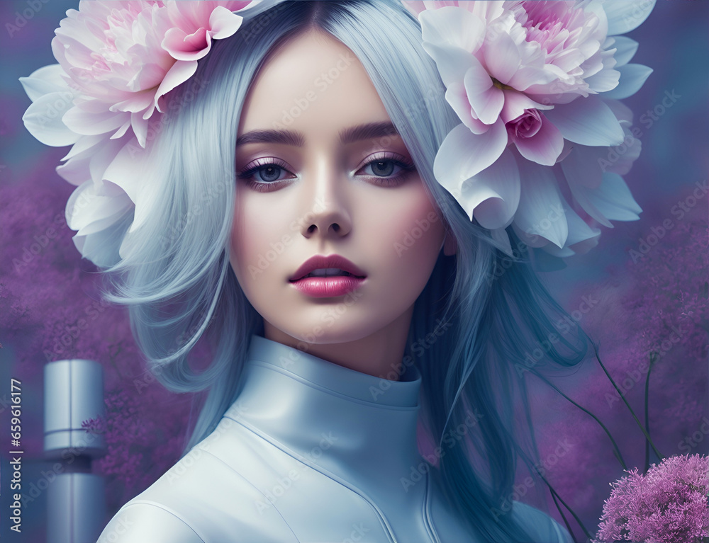 Fashion Portrait of Young Beautiful Woman with Flowers