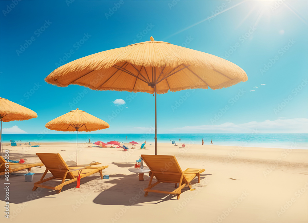 A sunny beach day, with beach umbrellas along the shoreline. Perfect for beach vacations, summer vibes, and coastal concepts, capturing the essence of relaxation and fun by the sea.