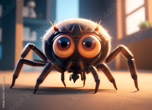 A cartoon cute spider kid with big eyes and a friendly look on its face