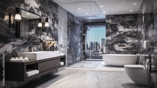 Indulge in the luxury of a washroom with a marble-tiled accent wall and statement fixtures. It's a space where every detail speaks of opulence.