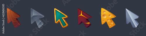 Cursor pointers for game user interface. Cartoon vector illustration set of various mouse arrows made from wood and stone, ground with cracks and metal, cheese with holes and gold with gemstones.