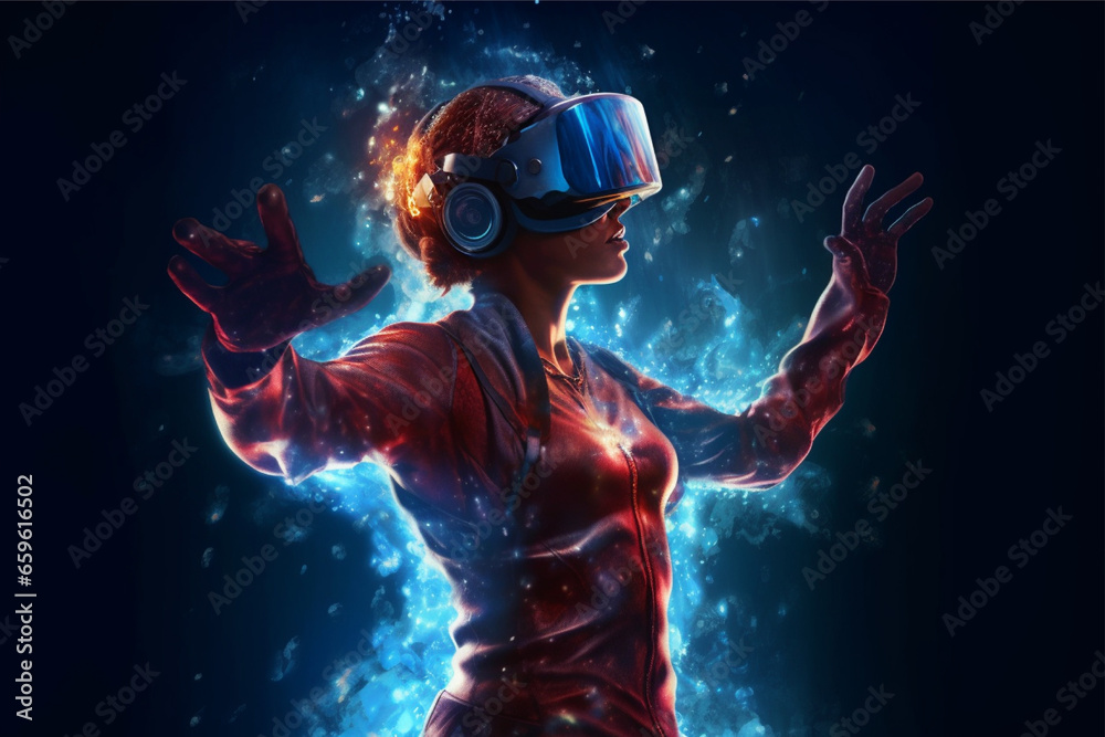 Person wearing virtual reality goggles. Future metaverse technology concept. 