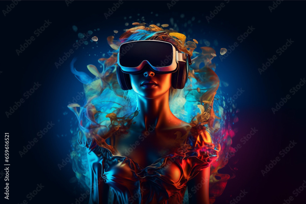 Person wearing virtual reality goggles. Future metaverse technology concept. Person wearing virtual reality goggles. Future metaverse technology concept.
