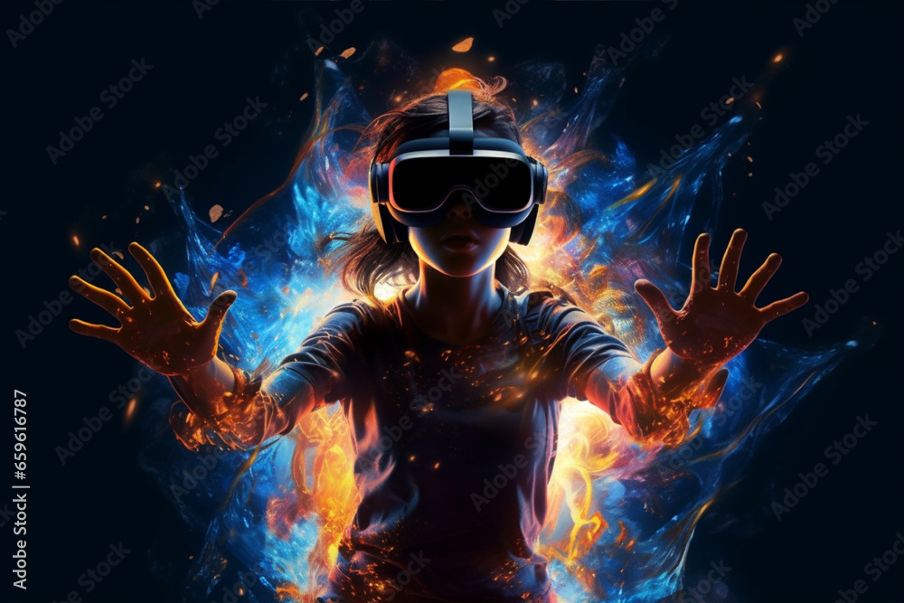 Person wearing virtual reality goggles. Future metaverse technology concept. Person wearing virtual reality goggles. Future metaverse technology concept.
