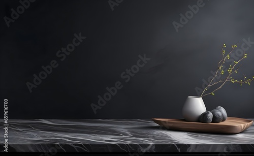 Black Marble Table on a Stylish Black Background, Photo-Realistic Still Life, Kitchen Interiors, Clear Edge Definition, Grid-Based Design. Empty Table with Copy Space for Product Presentation