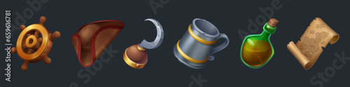Pirate game icons for sea and ocean adventure concept. Cartoon vector illustration set of corsair ui element - wooden steering wheel, captain hat and hook, rum in glass bottle and map on old parchment