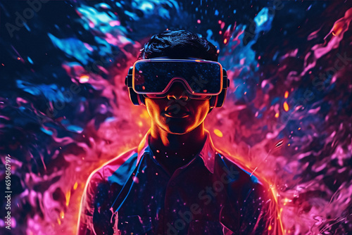 Person wearing virtual reality goggles. Future metaverse technology concept.  © elchinarts