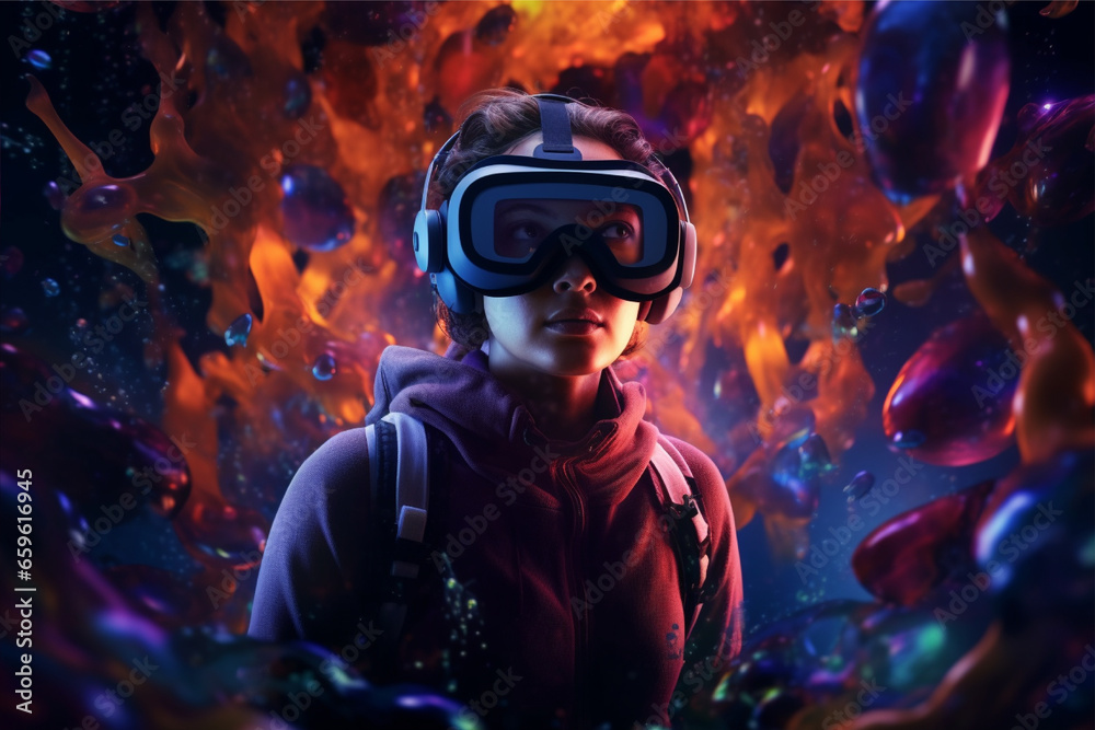 Person wearing virtual reality goggles. Future metaverse technology concept. Person wearing virtual reality goggles. Future metaverse technology concept.
