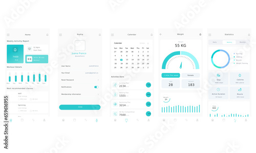 Workout Fitness, Health and Sport Activity Tracker with Charts Blue App UI kit Template