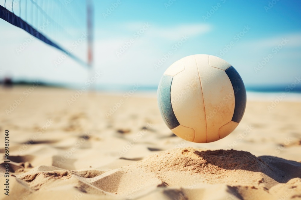 Volleyball sport banner. Ball on the beach, generated by AI