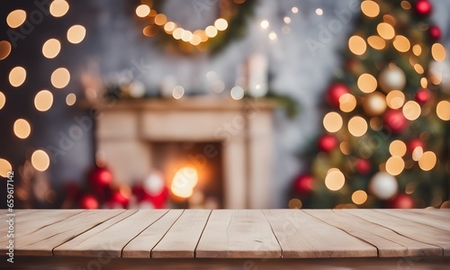 Empty wooden table, blurred Christmas background photo