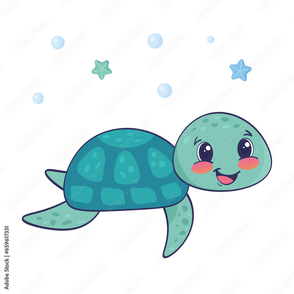Cute smiling turtle with doodle elements on white background. Childish character. Colored flat cartoon vector illustration Cute smiling turtle with doodle elements on white background. Childish character. Colored flat cartoon vector illustration