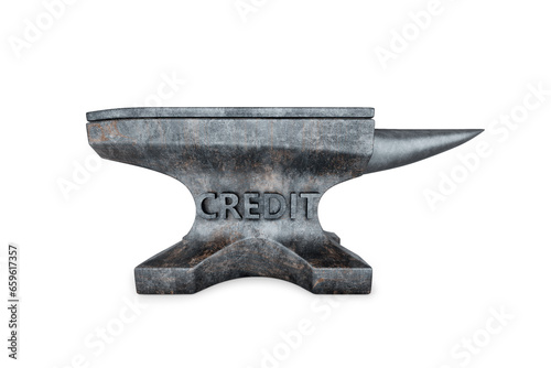 The puppet pulls a heavy anvil with the text credit. Concept of financial obligations, tax burden, burden of responsibility, tax return, responsibilities, state tax. 3D illustration, 3D render.