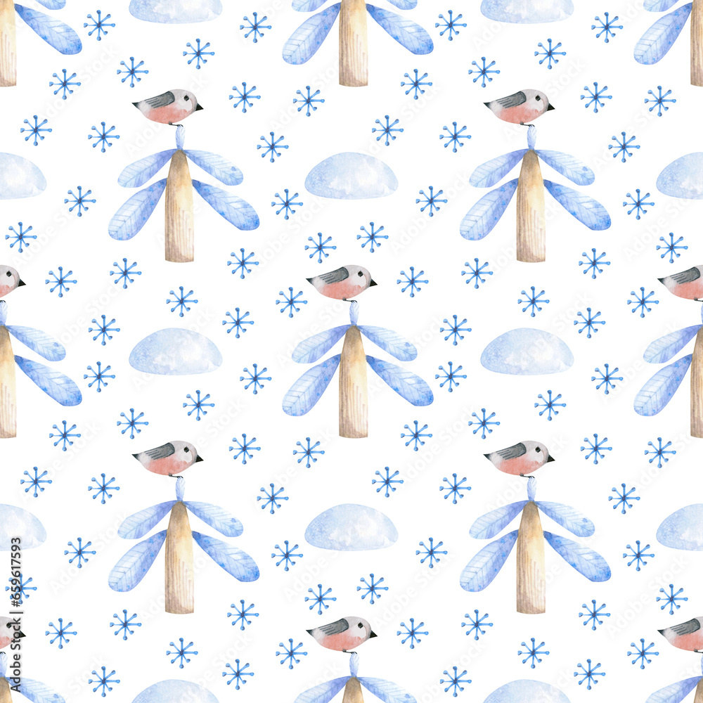 Watercolor Seamless pattern with Winter trees, snowflakes and bird on a white background. Texture for wrapping paper, textile, fabrics, decor. Suitable for kids decor.
