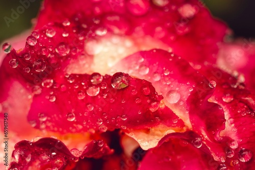 Dew drops on rose petals close-up. Summer beautiful fresh background
