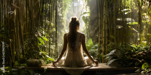 Femme au milieu d'une forêt de bambou en pleine méditation, yoga. Woman in the middle of a bamboo forest meditating, yoga