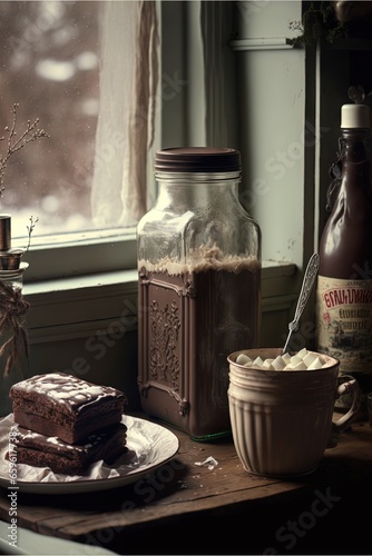 a plate of cake next to a jar of ice cream and a glass of milk and a bottle of syrup. Generative ai