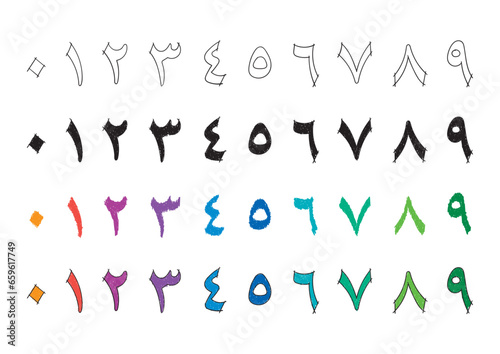 hand drawn arabic numbers. arabic numbers set. scribble arabic numbers