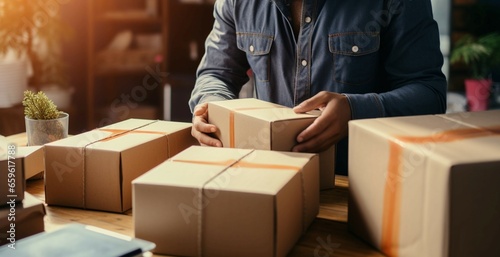 A close up view captures an entrepreneur packing a package for his online store