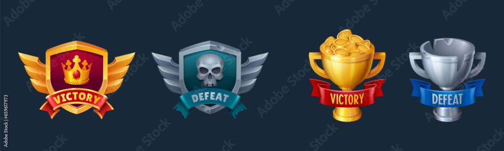 Gold victory and metal defeat ui game screen icon. Win and lose shield emblem with skull and goblet for pirate mobile rpg. 3d rivalry assets. Champion success or fail strip design with wings and crown Gold victory and metal defeat ui game screen icon. Win and lose shield emblem with skull and goblet for pirate mobile rpg. 3d rivalry assets. Champion success or fail strip design with wings and crown