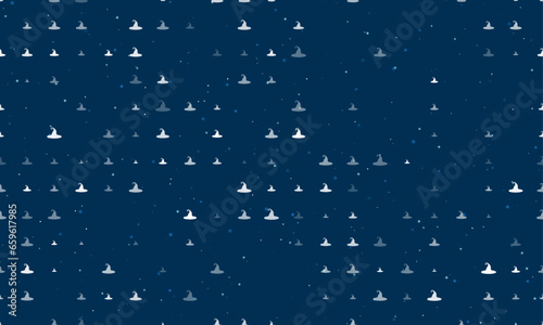 Seamless background pattern of evenly spaced white witch hat symbols of different sizes and opacity. Vector illustration on dark blue background with stars