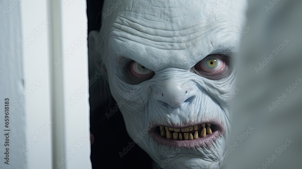 Naklejka premium Creepy creature in the house. Scary monster. Demonic horrific.