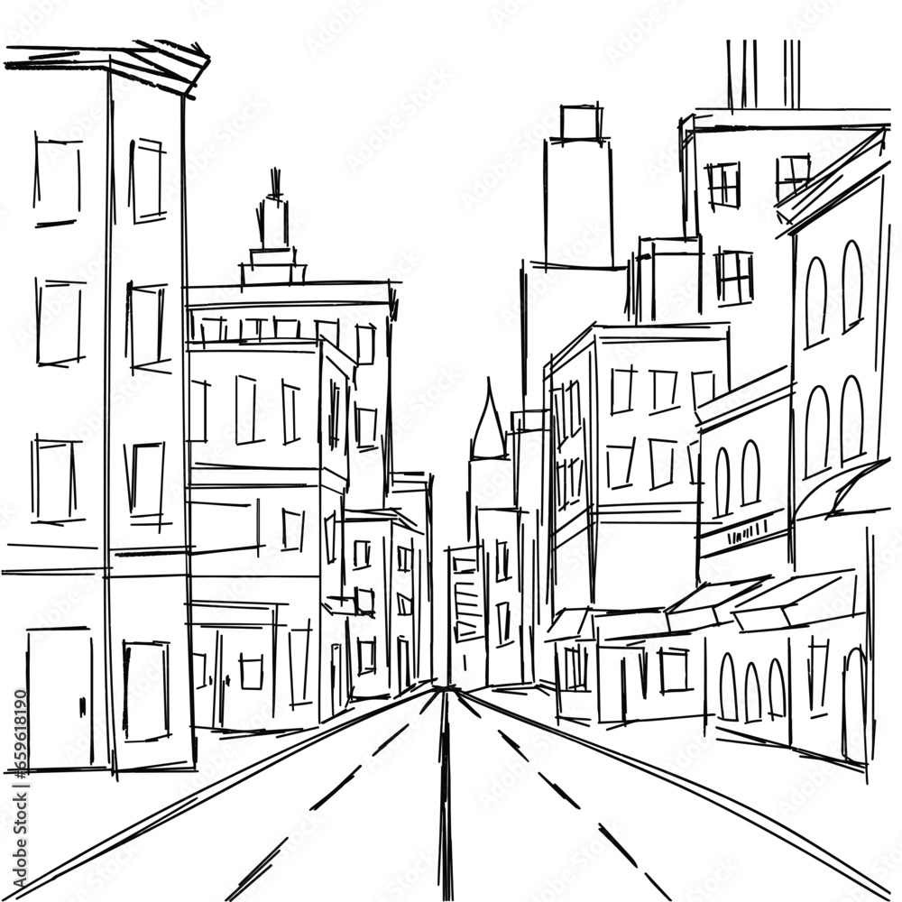 Sketch street square composition. Hand drawn sketch street in city. Outline buildings. Vector illustration. 