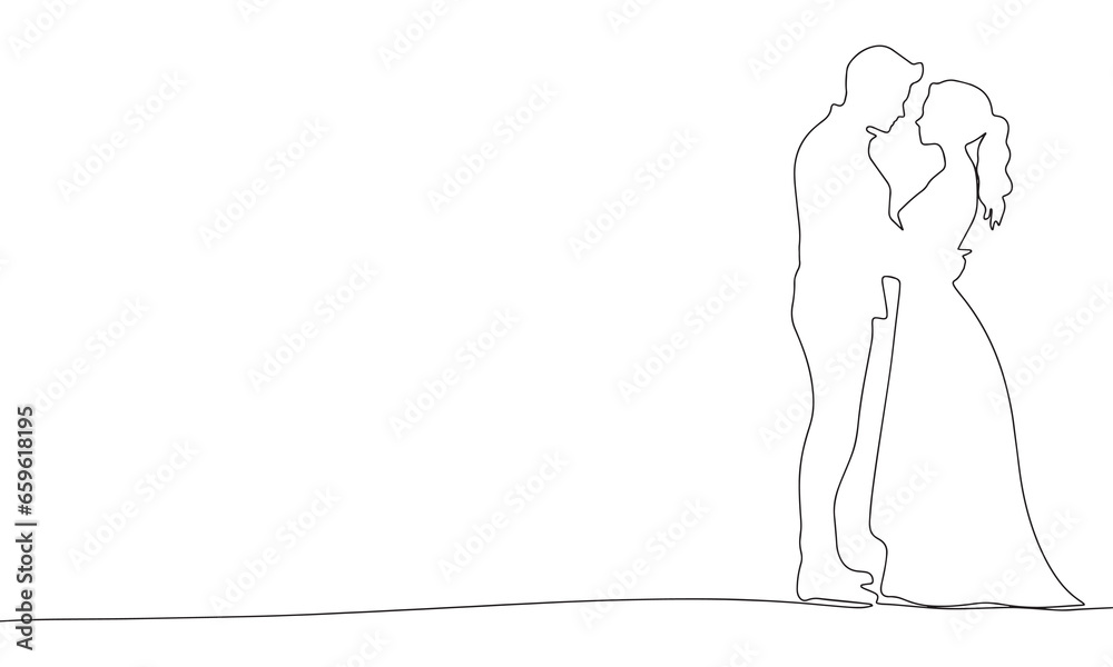 Kiss couple one line continuous. Man and woman hand drawn outline. Just married couple line art. Vector illustraiton. Kiss couple one line continuous. Man and woman hand drawn outline. Just married couple line art. Vector illustraiton.