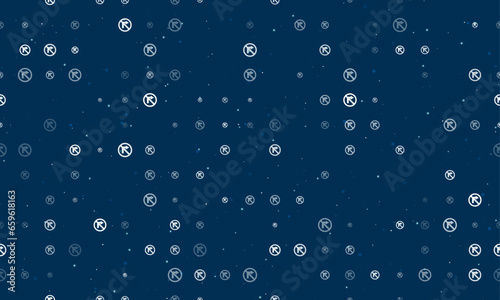 Seamless background pattern of evenly spaced white no right turn signs of different sizes and opacity. Vector illustration on dark blue background with stars