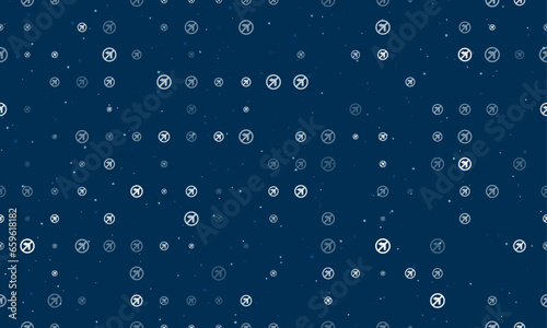 Seamless background pattern of evenly spaced white no left turn signs of different sizes and opacity. Vector illustration on dark blue background with stars