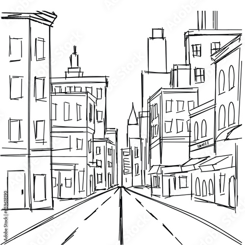 Sketch street square composition. Hand drawn sketch street in city. Outline buildings. Vector illustration. 