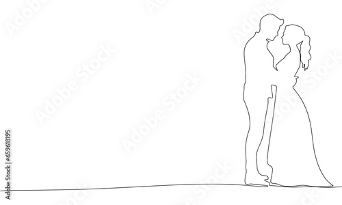 Kiss couple one line continuous. Man and woman hand drawn outline. Just married couple line art. Vector illustraiton.