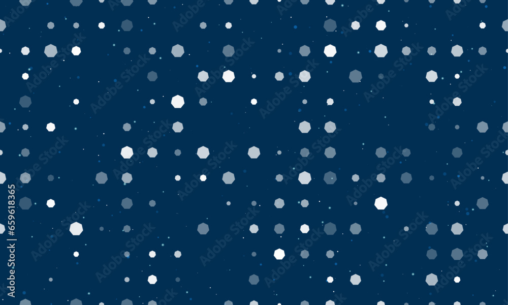 Seamless background pattern of evenly spaced white heptagon symbols of different sizes and opacity. Vector illustration on dark blue background with stars