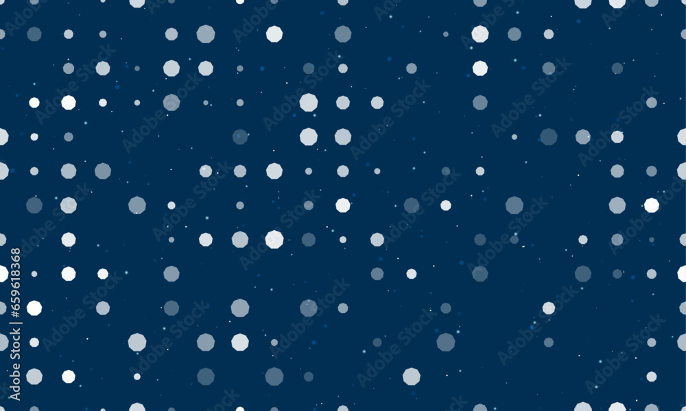 Seamless background pattern of evenly spaced white nonagon symbols of different sizes and opacity. Vector illustration on dark blue background with stars