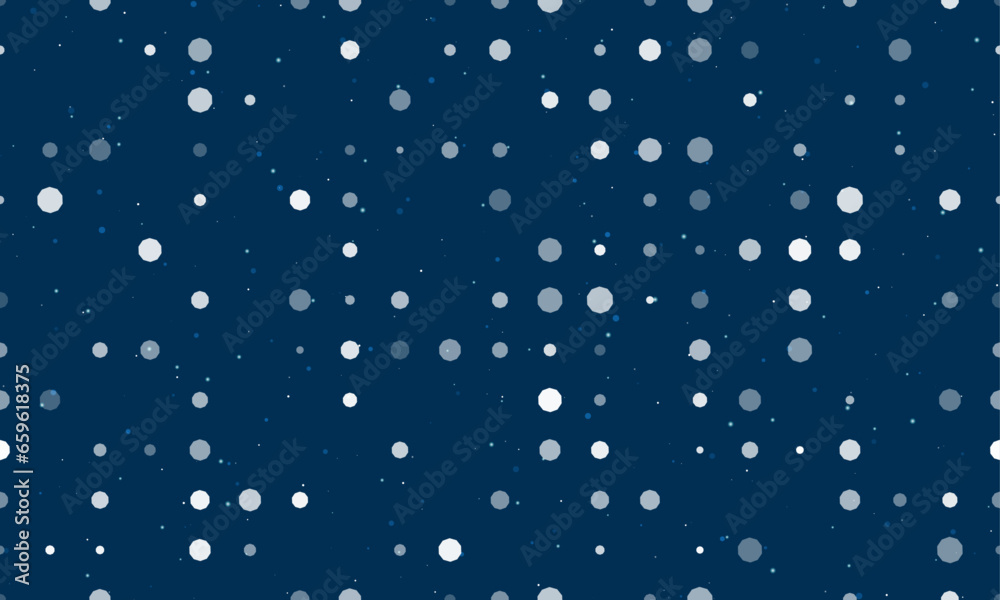 Seamless background pattern of evenly spaced white decagon symbols of different sizes and opacity. Vector illustration on dark blue background with stars