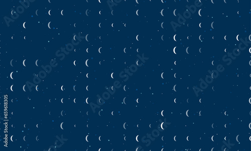 Seamless background pattern of evenly spaced white crescent symbols of different sizes and opacity. Vector illustration on dark blue background with stars