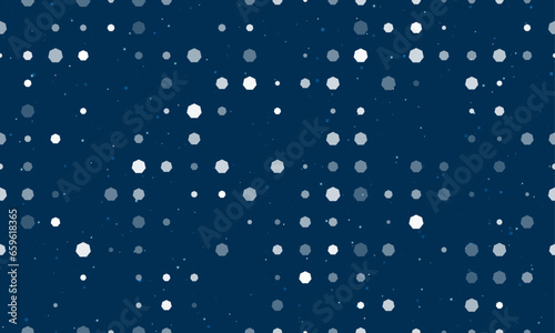 Seamless background pattern of evenly spaced white heptagon symbols of different sizes and opacity. Vector illustration on dark blue background with stars