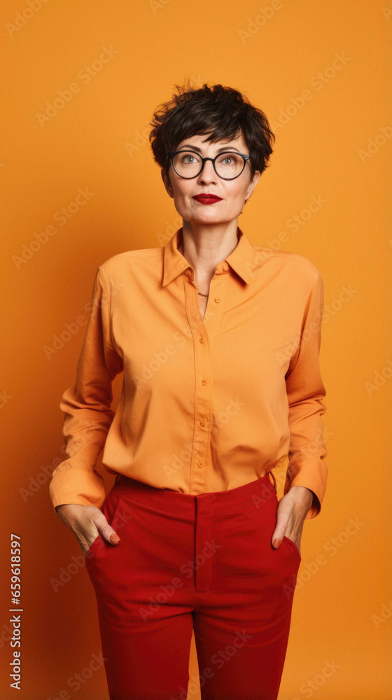 Middle age woman on orange wearing casual shirt and glasses over yellow background. Middle age woman on orange wearing casual shirt and glasses over yellow background.