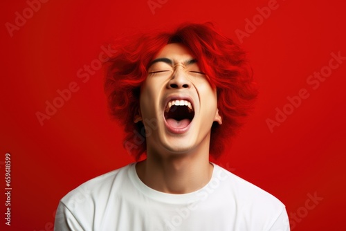 A young man with red hair is captured in the midst of a powerful scream. This intense expression of emotion is perfect for illustrating frustration, anger, or excitement. Ideal for use in advertisemen © Fotograf